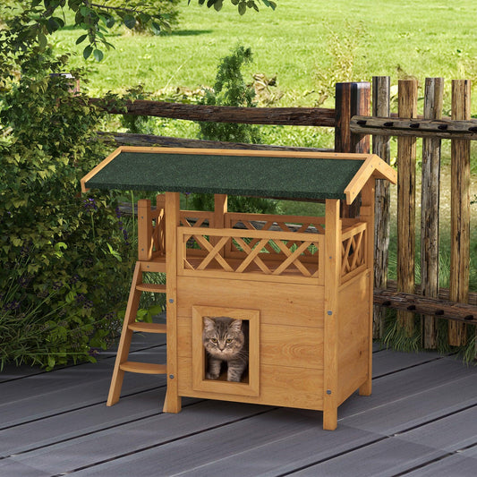 PawHut Outdoor Cat House w/ Balcony Stairs Roof, Natural Wood Finish - ALL4U RETAILER LTD