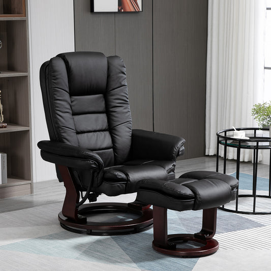 HOMCOM PU Leather Recliner Chair With Footstool 130kg Capacity 135 Degree Swivel Wood Base Black