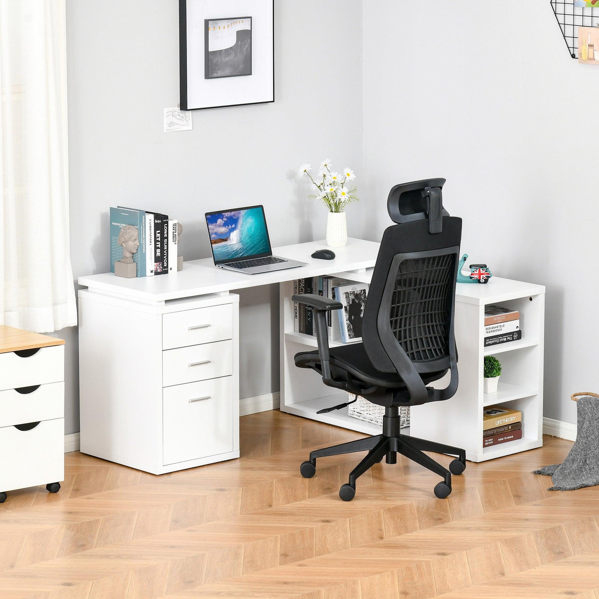 HOMCOM White L-Shaped Computer Desk with Storage Shelves and Drawers - ALL4U RETAILER LTD