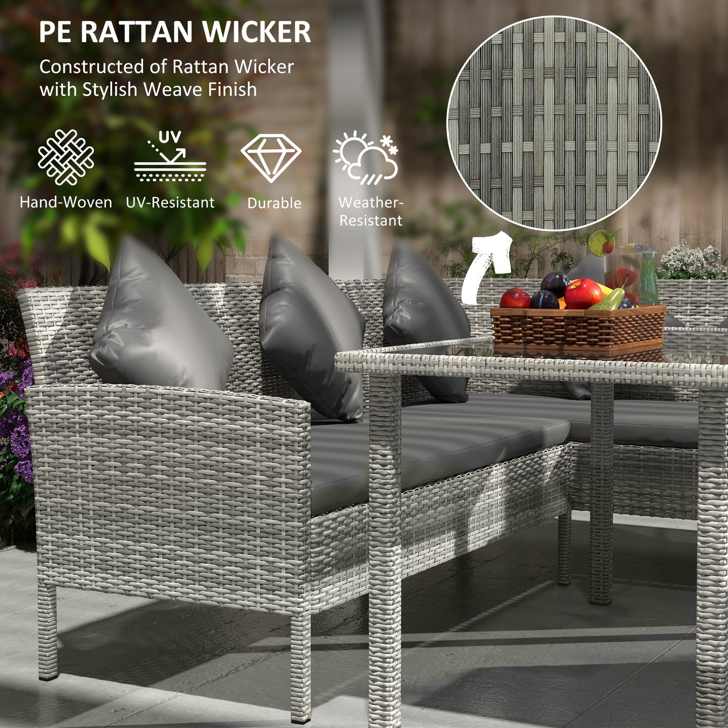 Outsunny 6 Seater Rattan Outdoor Garden Dining Set With Table Two 2-Seat Lounger Sofas Two Footstools Cushions Dark Grey