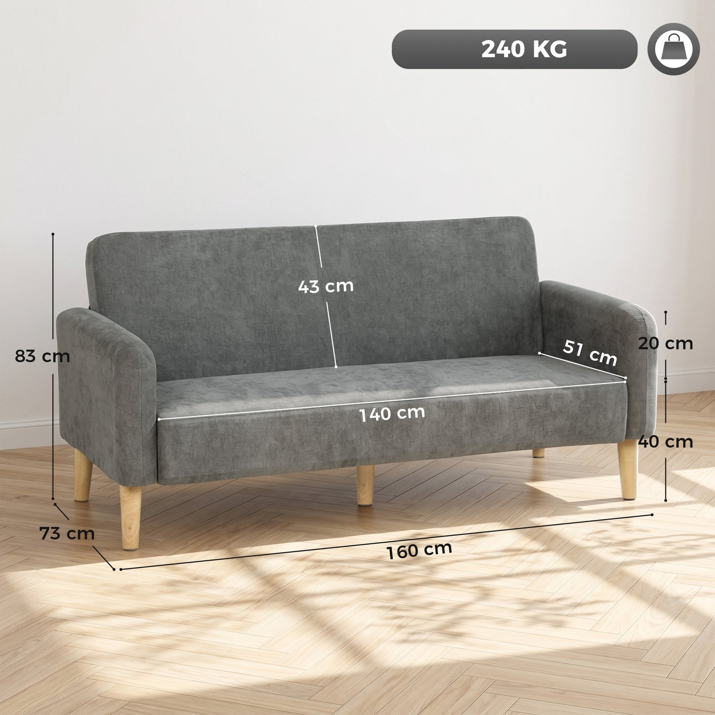 HOMCOM Compact 2 Seater Grey Velvet Sofa With Thick Padding