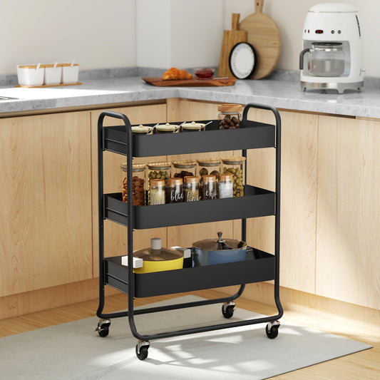 HOMCOM 3 Tier Storage Trolley on Wheels Rolling Utility Cart with Mesh Baskets for Kitchen Bathroom Bedroom Black