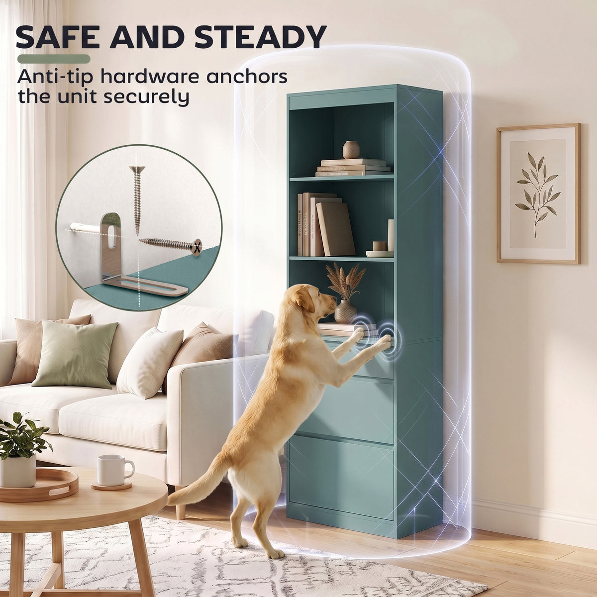 Light green narrow bookcase with drawers and open shelves with anti-tip anchors