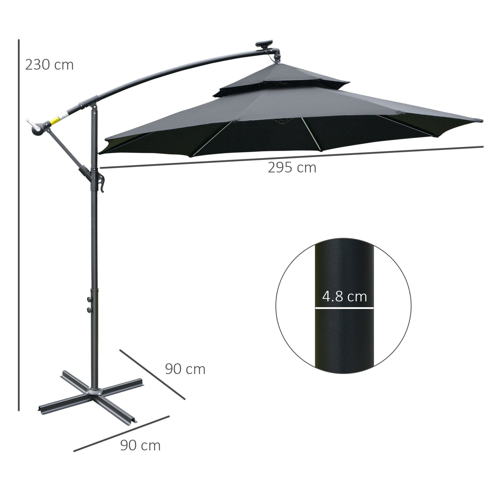 Outsunny 3m Cantilever Hanging Umbrella with Solar LED Lights, Crank Handle, and Adjustable Double Roof, Black - ALL4U RETAILER LTD