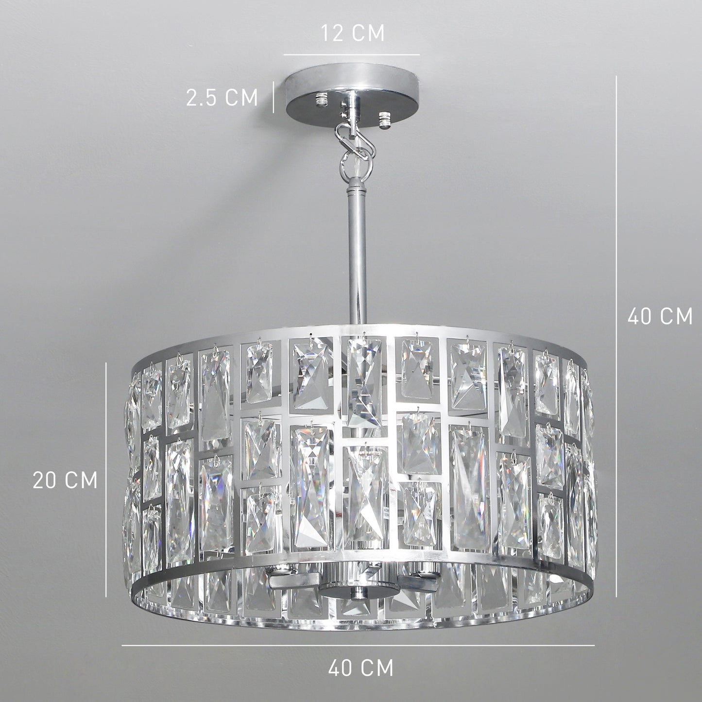 HOMCOM 72 Glass Crystallite Chandelier in Silver Tone for Ceiling Mount and Hanging Pendant With Three Bulbs