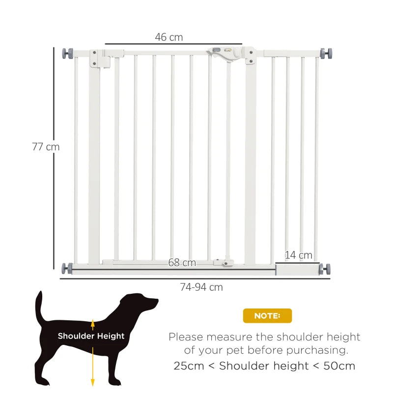 PawHut Metal Adjustable Dog Gate, White, Expands from 74cm to 94cm - Secure Containment for Pets, Easy Installation - Ideal for Home Safety - ALL4U RETAILER LTD