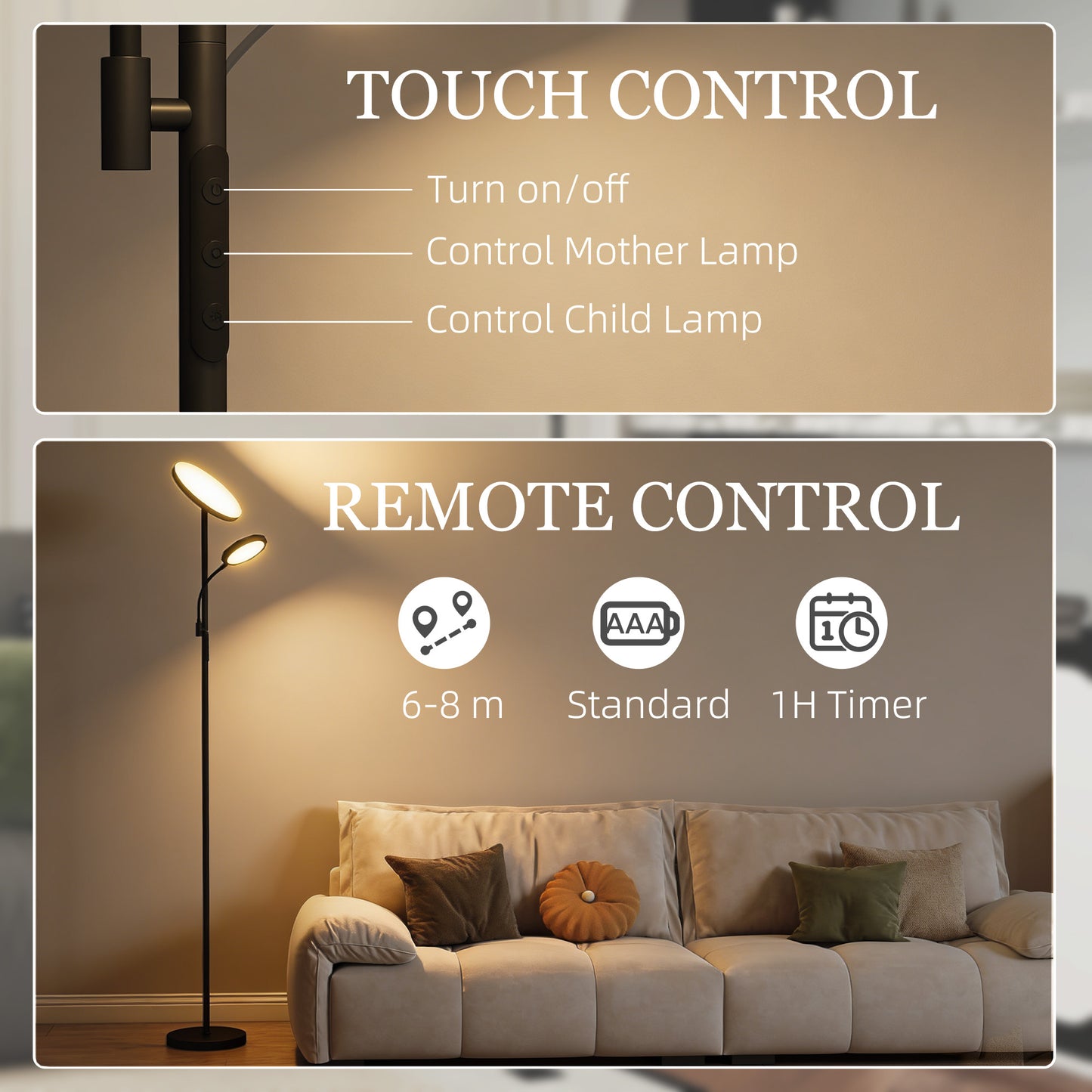 HOMCOM LED Floor Lamp Stepless Dimmable Uplighter With Reading Light 2700K To 6500K Color Temperature And Remote Control