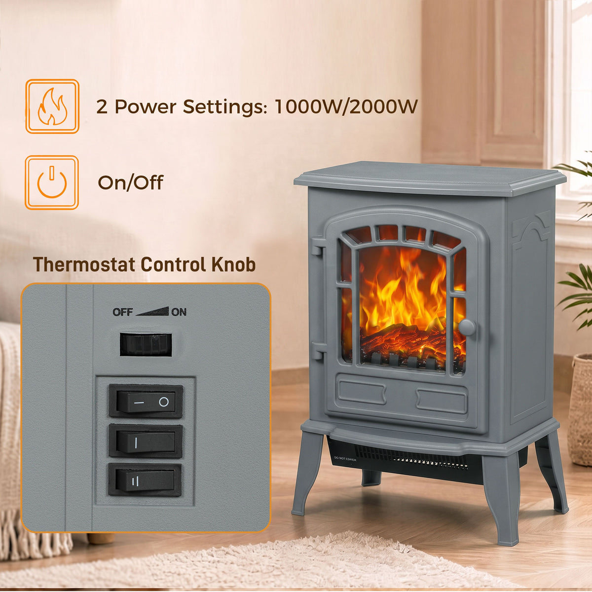 Homcom Freestanding Electric Fireplace Heater With Led Flame Effect Grey