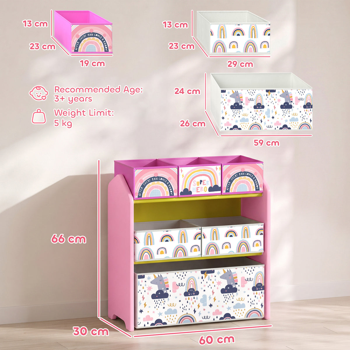Pink 3-tier toy storage rack with fabric bins, rainbow-front drawers, size view