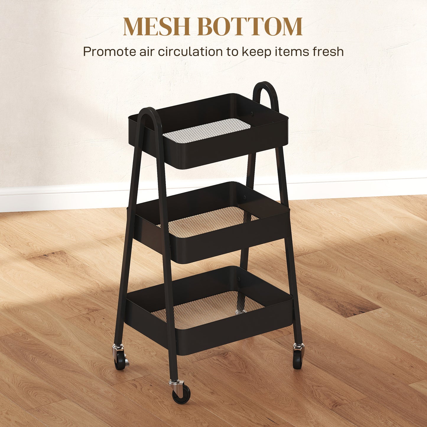 HOMCOM Three Tier Storage Trolley On Wheels With Mesh Bottom Trays For Kitchen Home Office Black