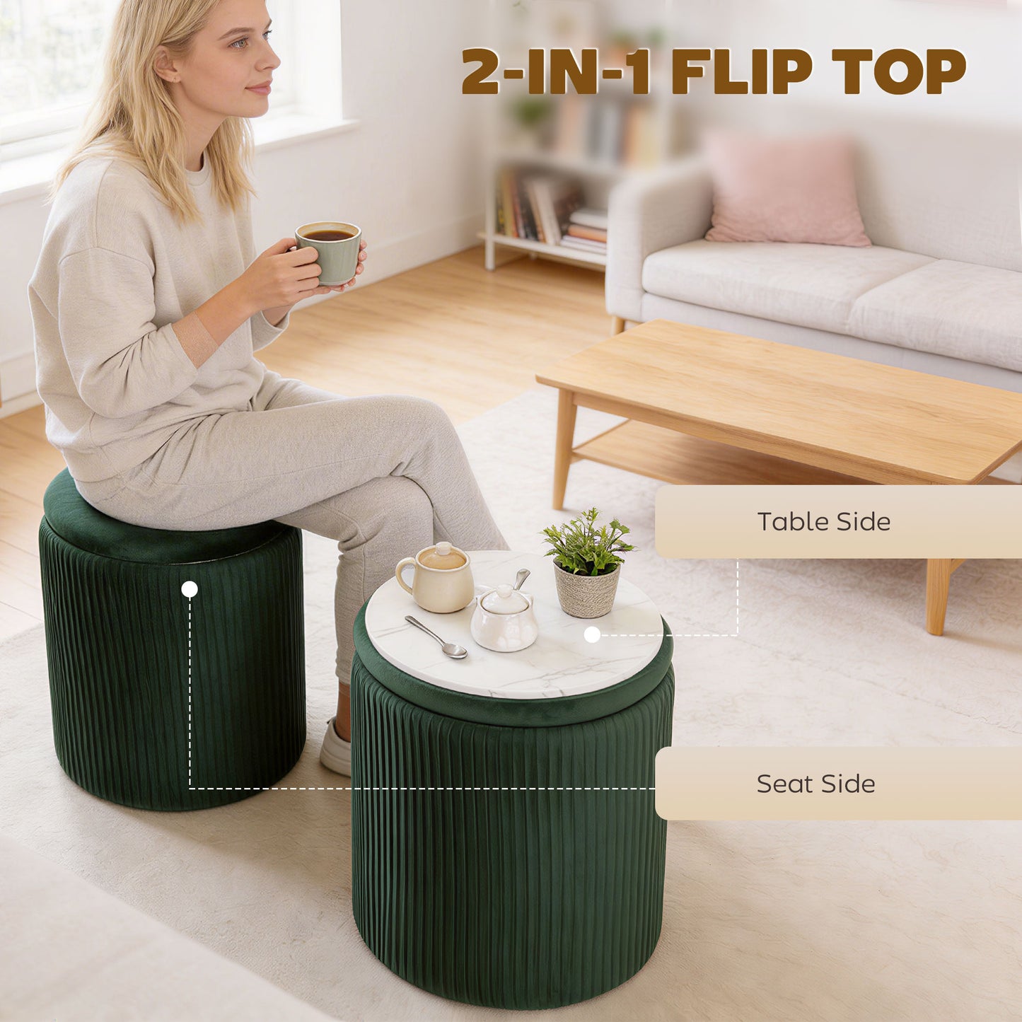 HOMCOM Velvet Round Storage Ottoman Foot Stool 45 cm Dark Green For Living Room And Bedroom With Hidden Storage