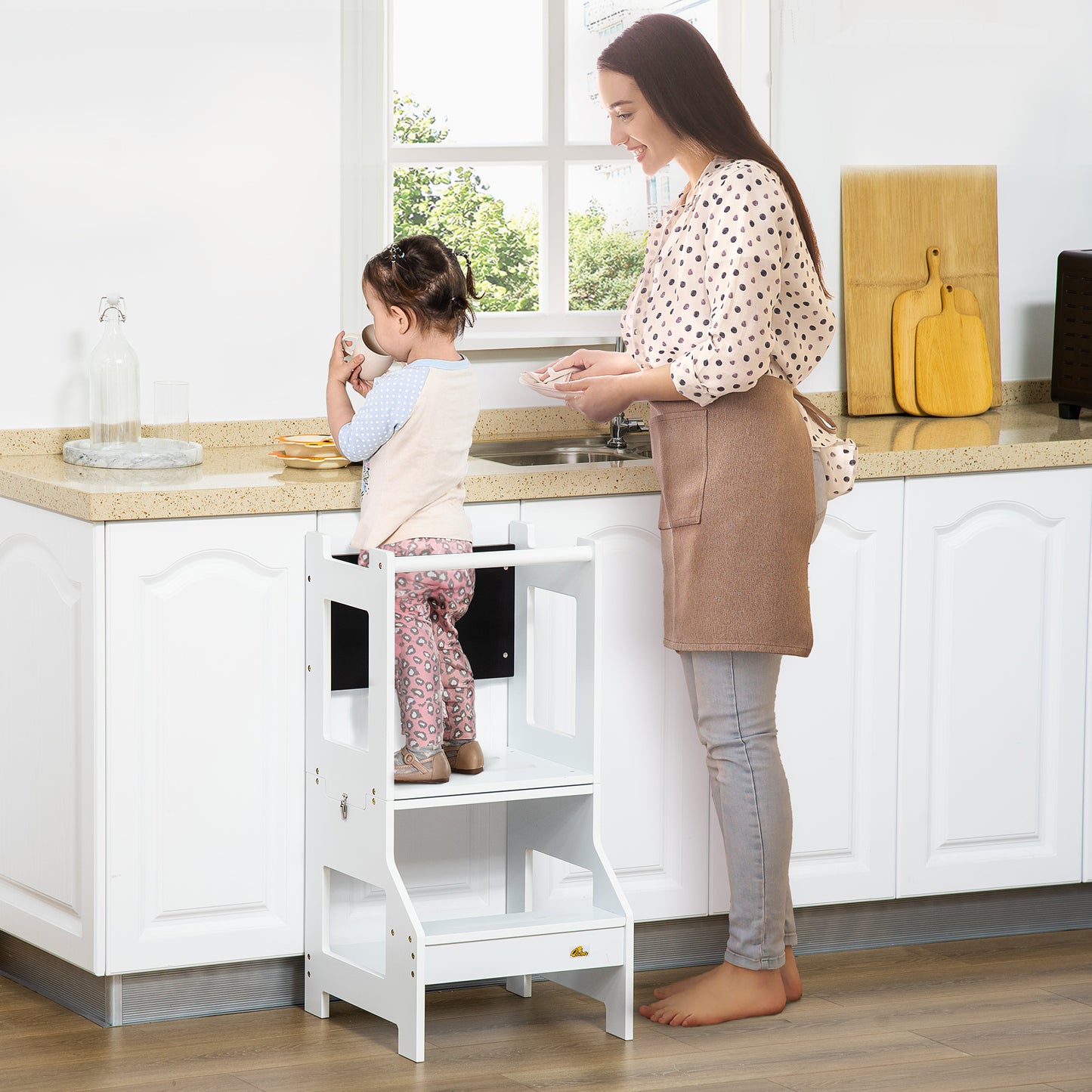 HOMCOM 2 In 1 Foldable Toddler Step Stool With Security Rail And Chalkboard For Kitchen And Bathroom White