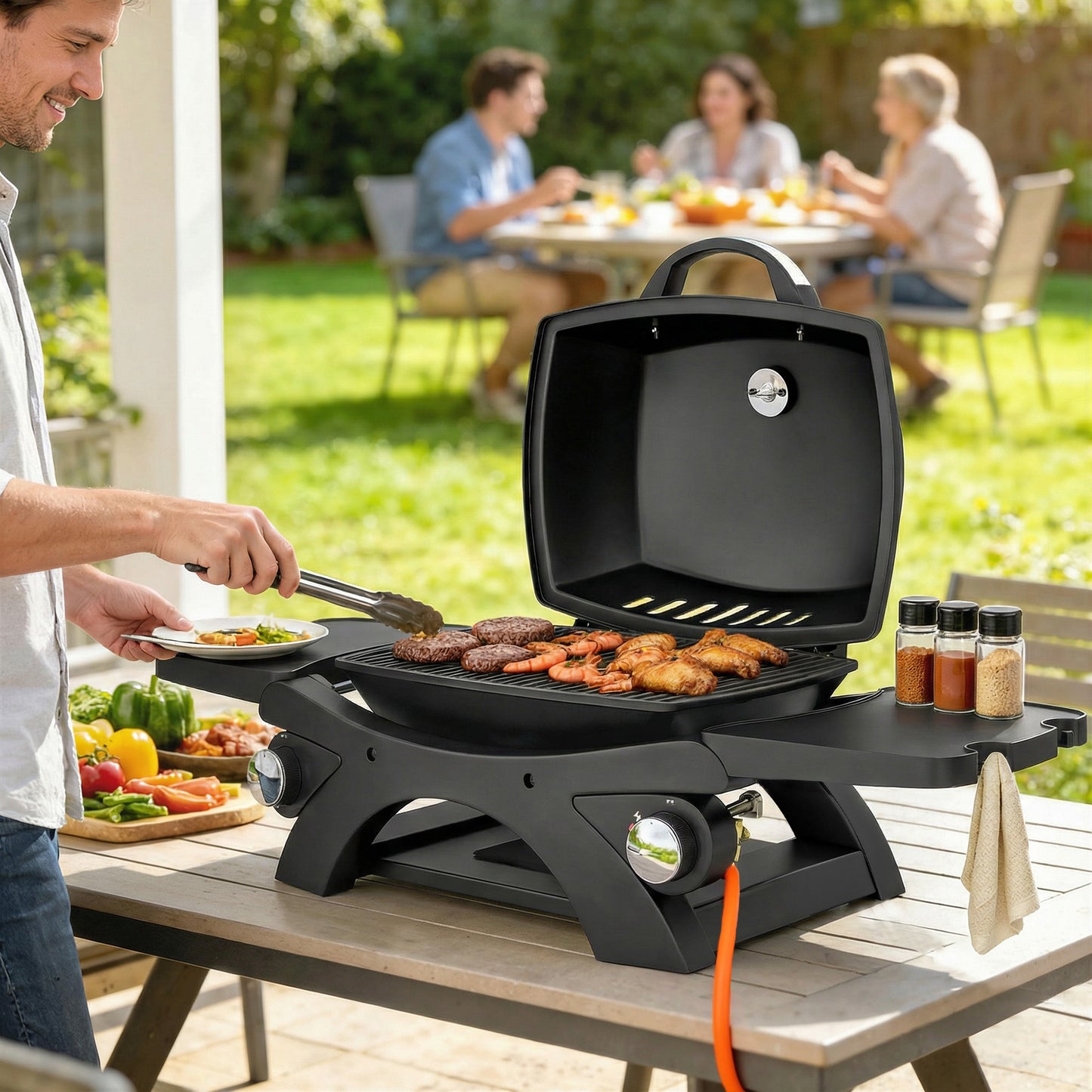 Outsunny 2 Burner Gas Grill With Detachable Side Tables 3.8 KW Steel BBQ Grill Cast Iron Grates Lid And Thermometer
