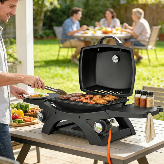 Outsunny 2 Burner Gas Grill With Detachable Side Tables 3.8 KW Steel BBQ Grill Cast Iron Grates Lid And Thermometer