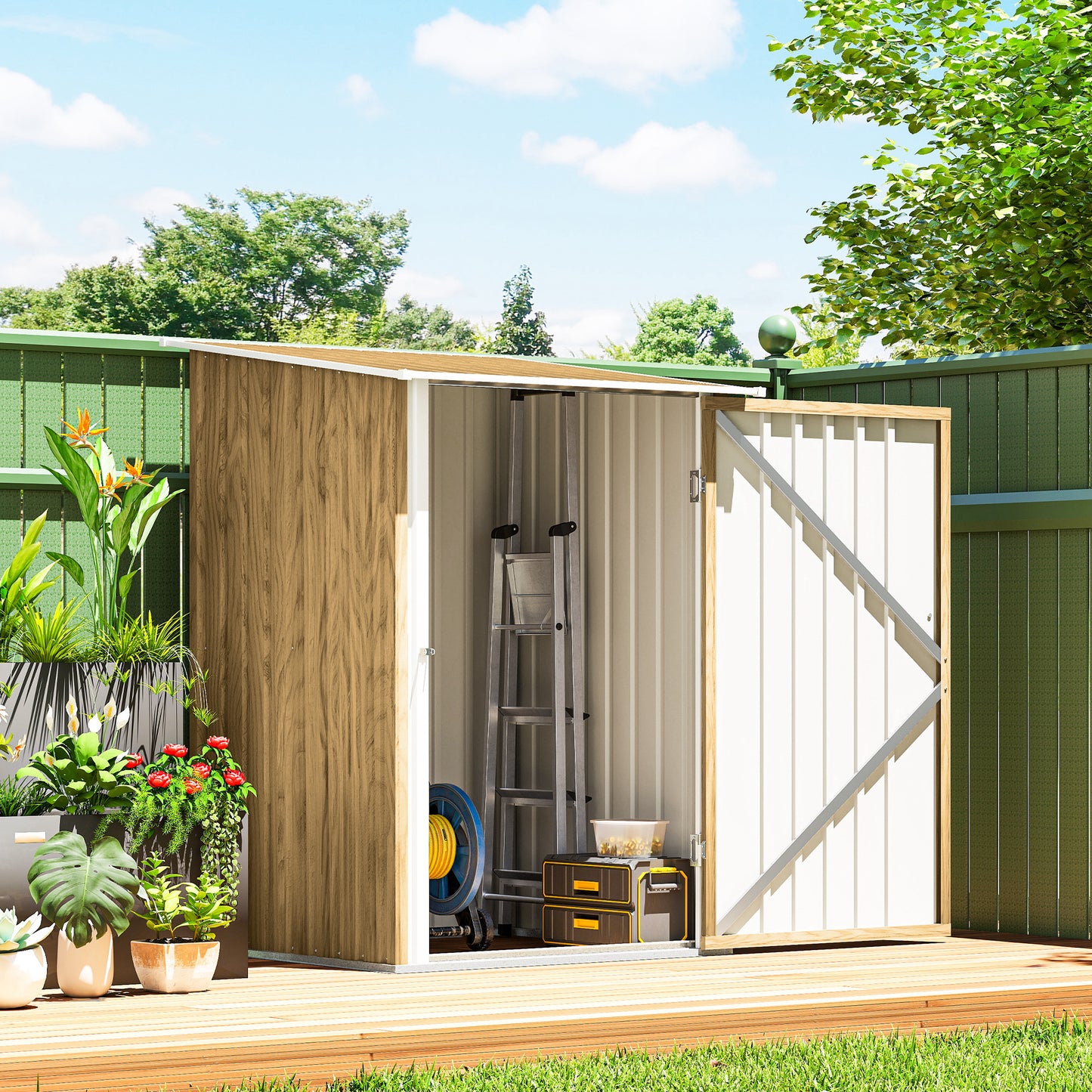 Outsunny Lean To Steel Garden Shed 3.3 By 3.4 Ft With Locking Door Light Brown Wood Effect And White