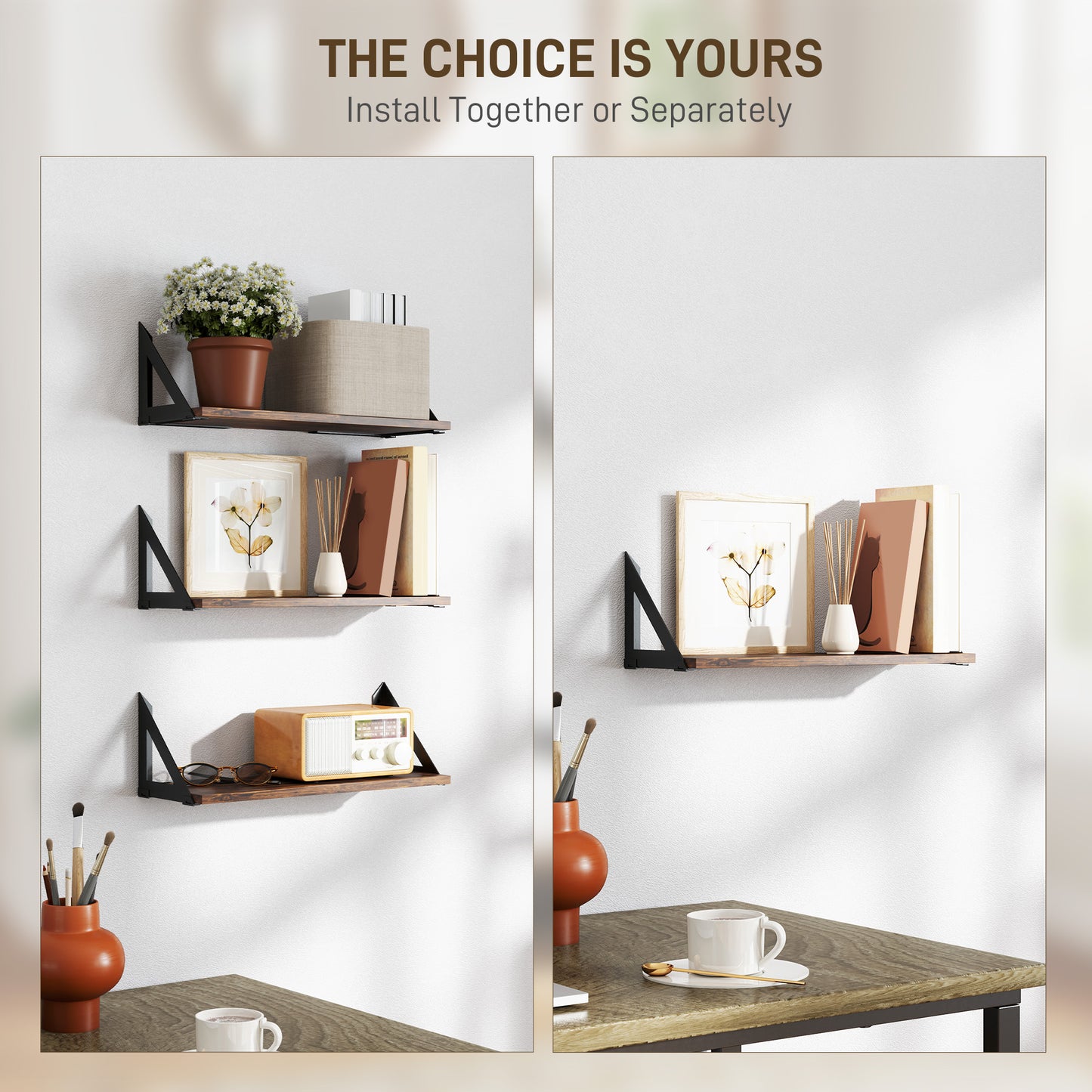 HOMCOM Set Of 3 Rustic Brown Wall Mounted Floating Shelves 43cm Vintage Living Room Entryway Bedroom