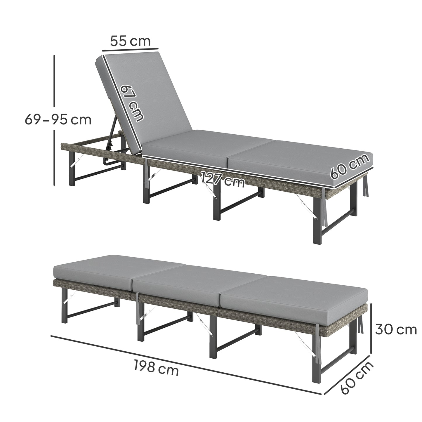 Outsunny Single Folding Rattan Sun Lounger With Cushion Grey Adjustable Back Six Position
