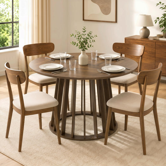 HOMCOM Round Dining Table 120 Cm for 4 To 6 People with Slatted Base Light Walnut Kitchen Table