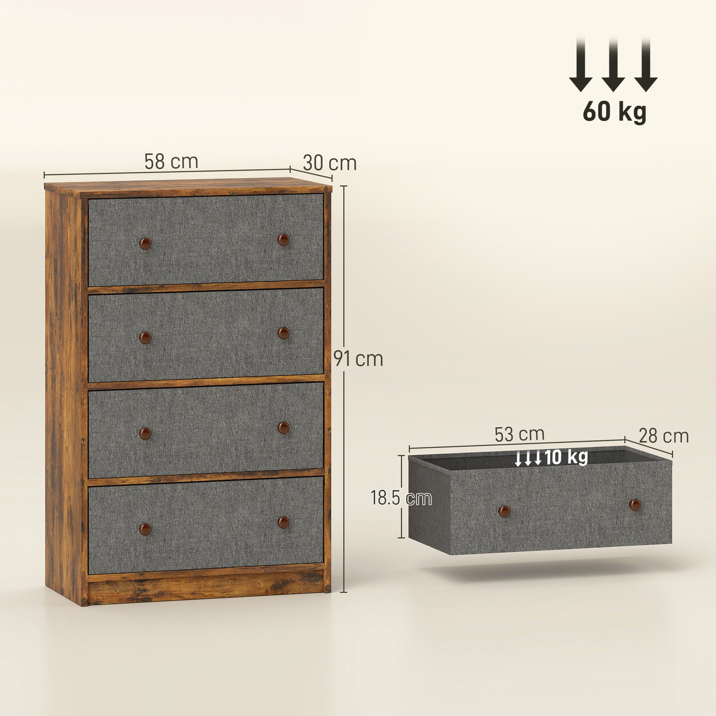 HOMCOM Chest Of Drawers Four Fabric Drawers Grey And Rustic Brown Wood Effect MDF Steel Frame