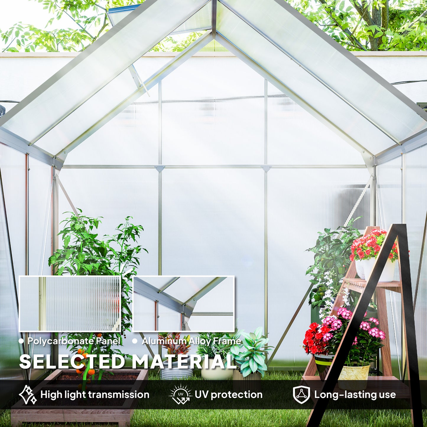 Outsunny 192.5 x 131 cm Walk In Polycarbonate Greenhouse Aluminum Frame Silver Tone For Garden