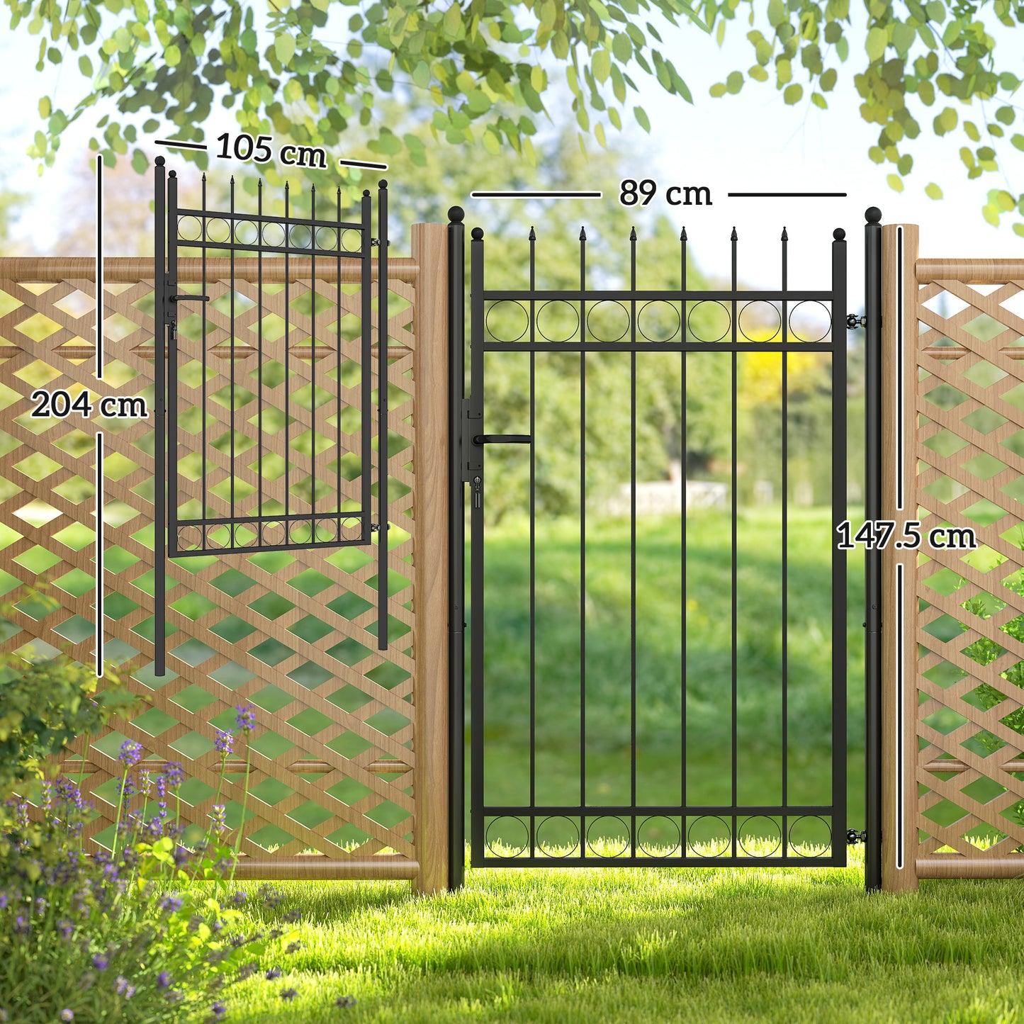Outsunny Galvanised Steel Garden Gate 105 x 204 cm Black With Lock Keys And Handle