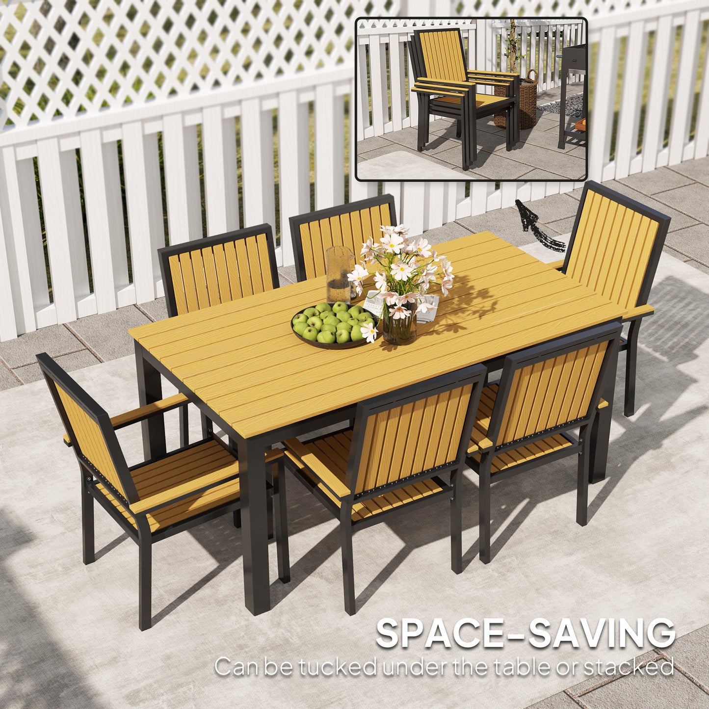 Outsunny 6 Seater Garden Dining Set With Aluminium Frame Rectangular Wood Plastic Composite Top And Stackable Chairs
