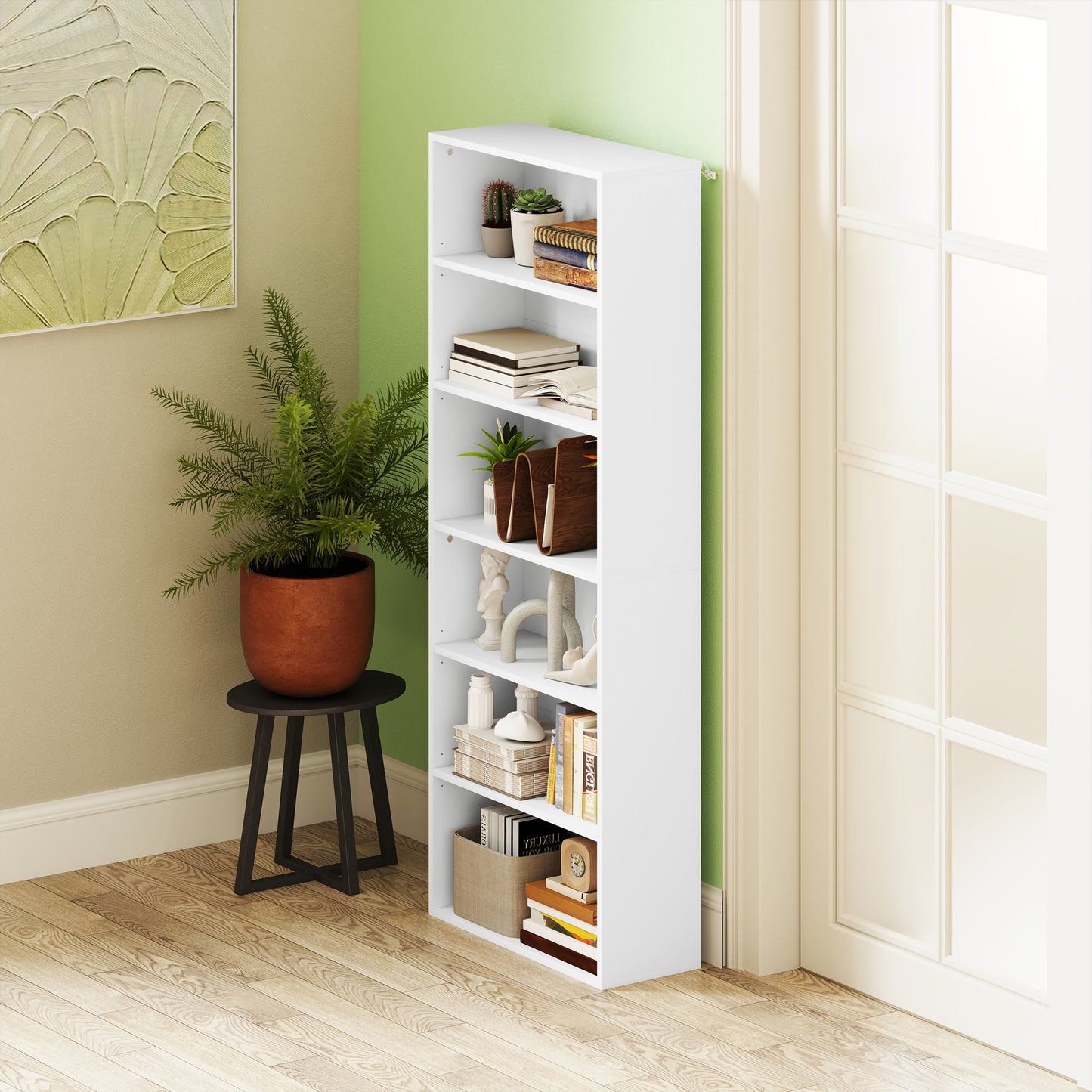 HOMCOM Six Shelf Bookcase White With Four Adjustable Shelves Melamine Finish For Living Room Storage