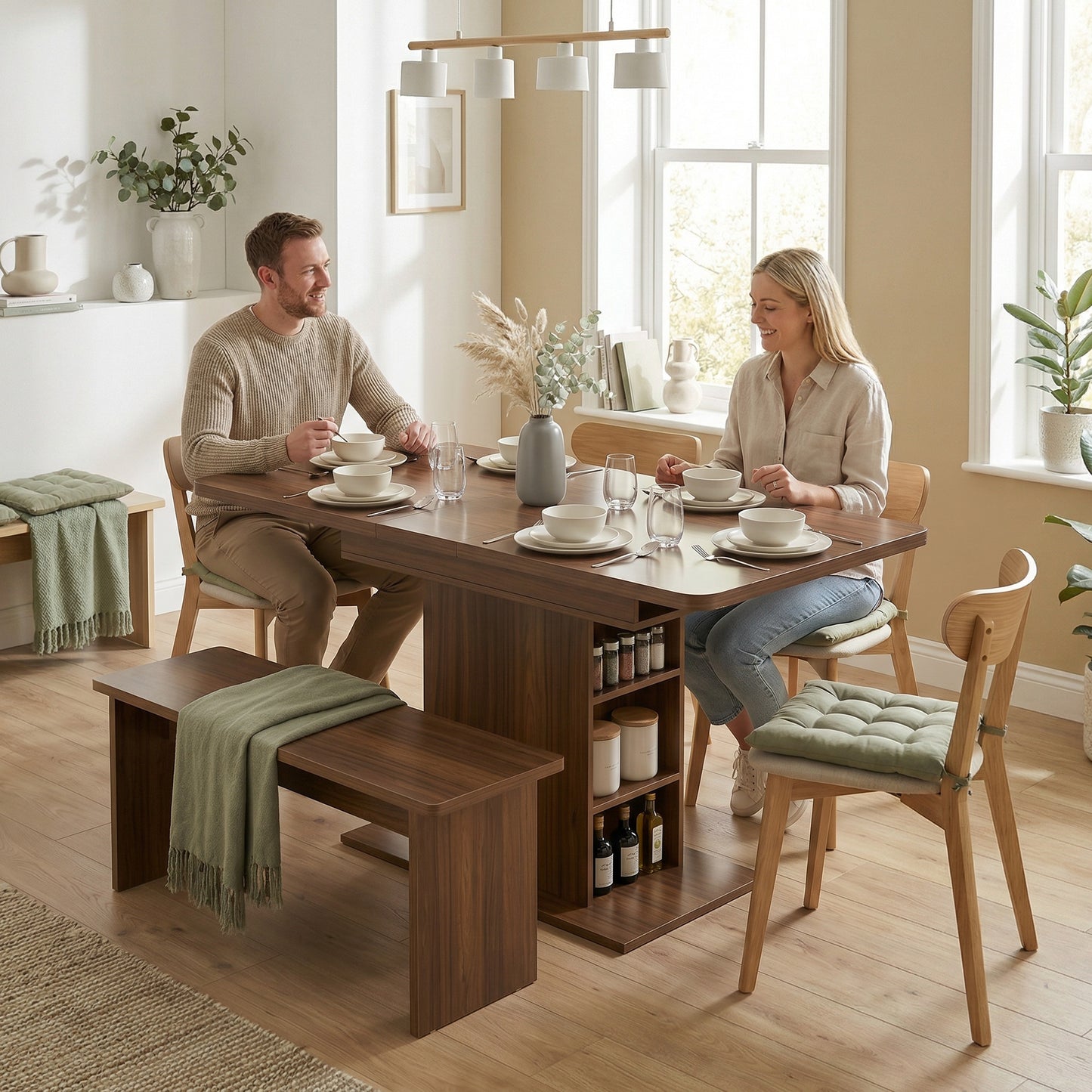HOMCOM Extendable Dining Table 110 to 130 cm for 4 to 6 People with 6 Open Shelves Walnut Brown