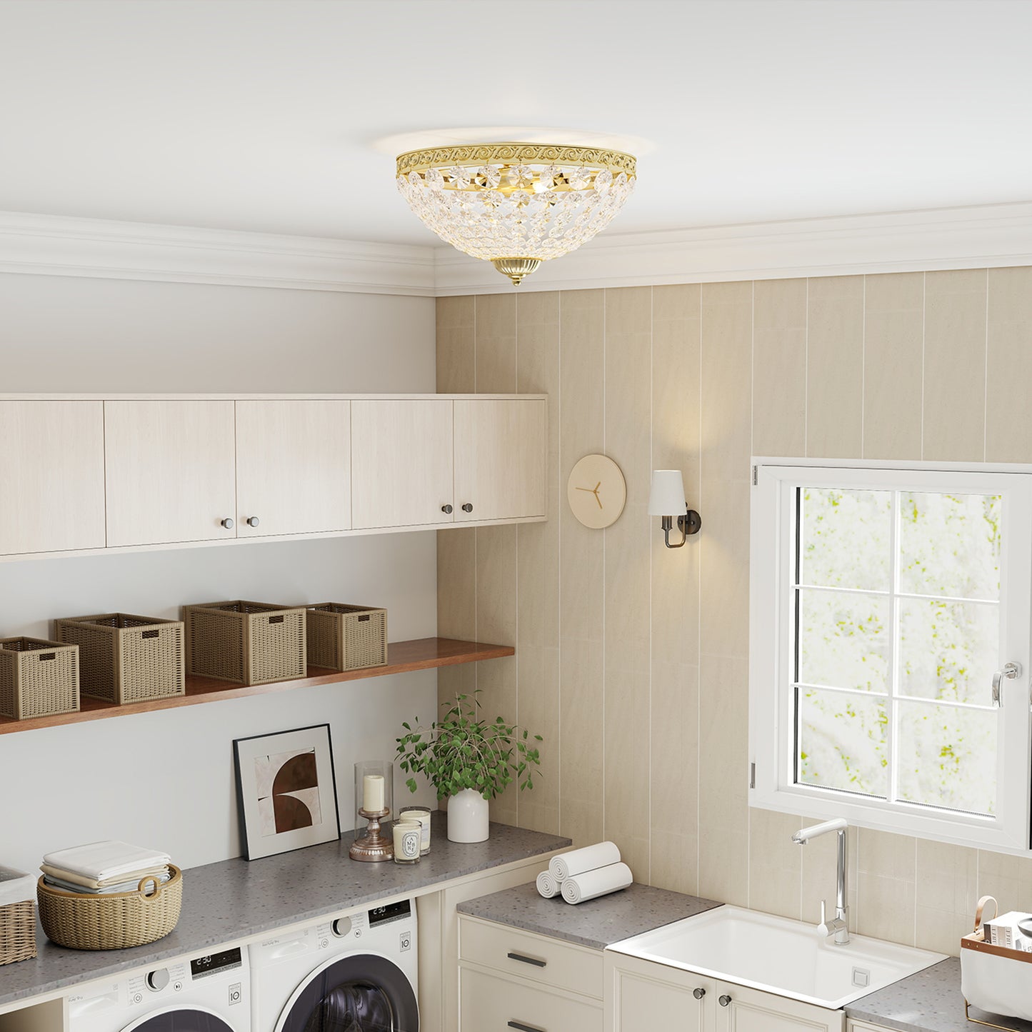HOMCOM Crystal Chandelier Ceiling Light 168 Octagonal Beads Vintage Two Light Flush Mount Gold Tone For Living Room
