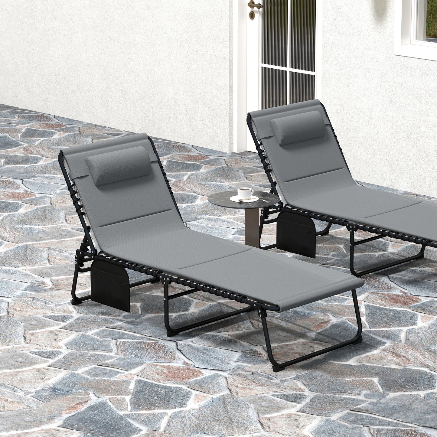 Outsunny Reclining Sun Loungers Charcoal Grey Powder Coated Steel With Five Position Adjustable Backs And Side Pockets