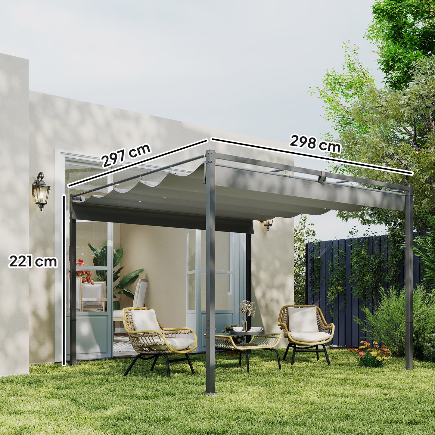 Outsunny 3 x 3m Retractable Roof Metal Pergola Grey With Adjustable Canopy For Shaded Garden Relaxation