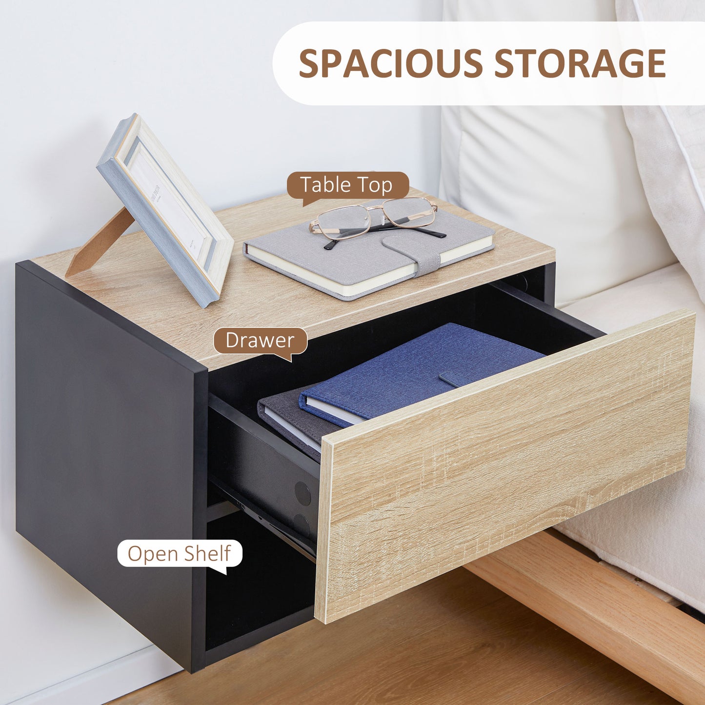HOMCOM Floating Bedside Table Set of 2, Wall Mounted Bedside Cabinet with Drawer and Open Shelf, Modern Nightstand for Bedroom, 46 x 30 x 30 cm, Oak Tone