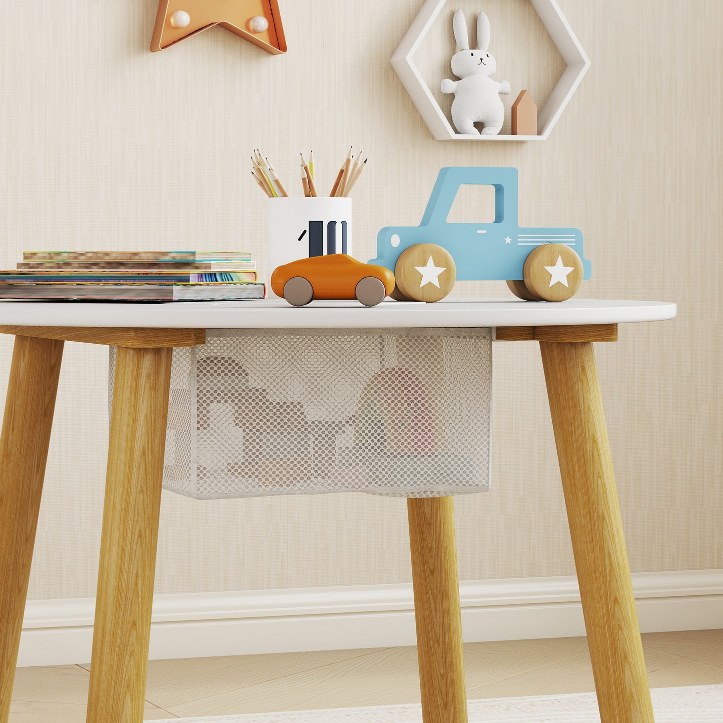 AIYAPLAY 3 Piece Kids Table And Chair Set With Mesh Bag Bear Shaped Backrest For Arts And Crafts And Reading White