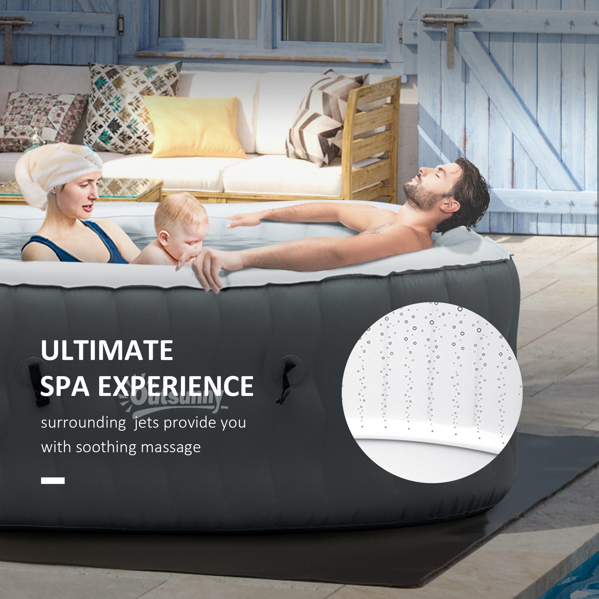 Outsunny Inflatable Outdoor Hot Tub Spa for 4-6 People with Bubble Jets, Pump, Cover, and Filter - Grey - ALL4U RETAILER LTD