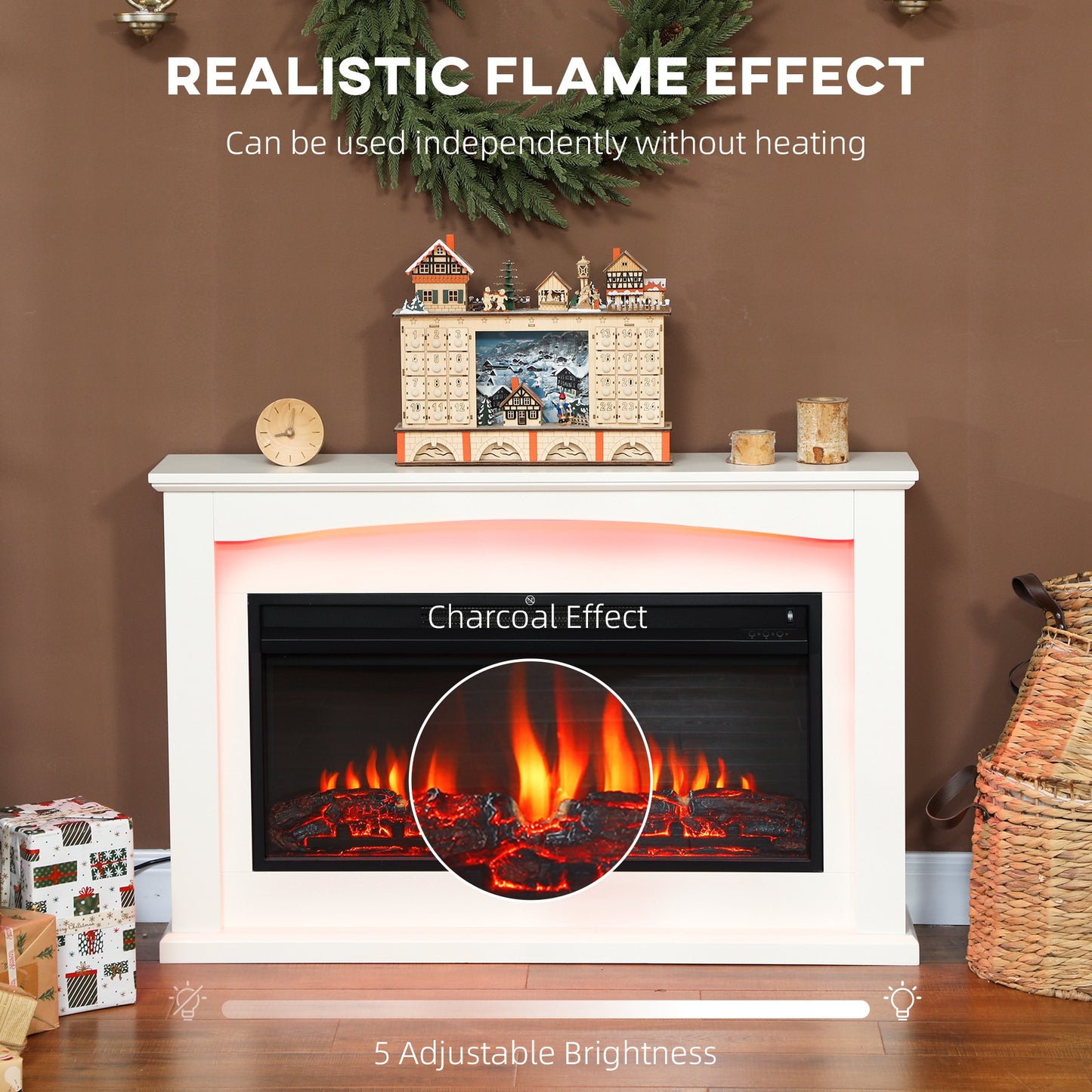 HOMCOM 2000W Faux Flame Electric Fireplace White Heats Up To 30 Sqm With Five Level Flame 5118 BTU