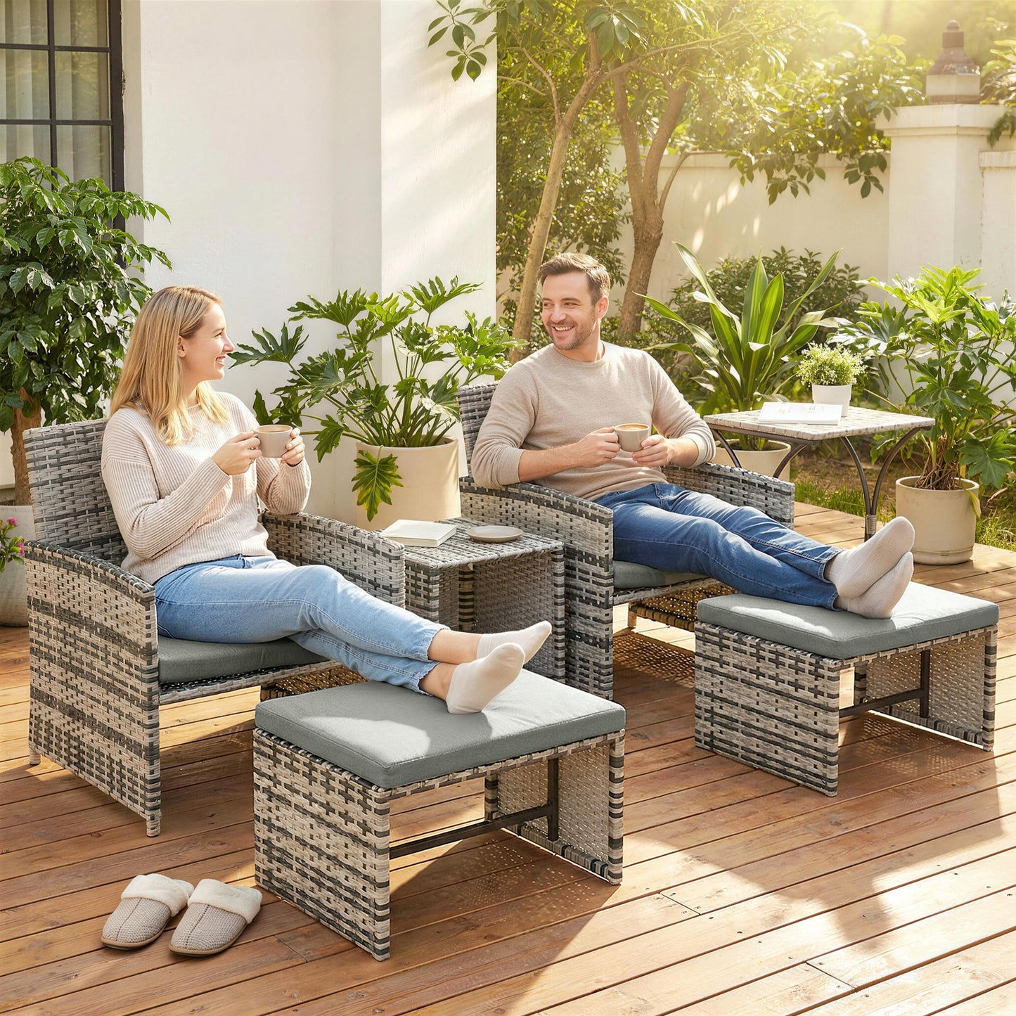 Outsunny 6 Piece Rattan Garden Furniture Set With Nesting Tables Chairs Stools Cushions Grey Patio Outdoor Living