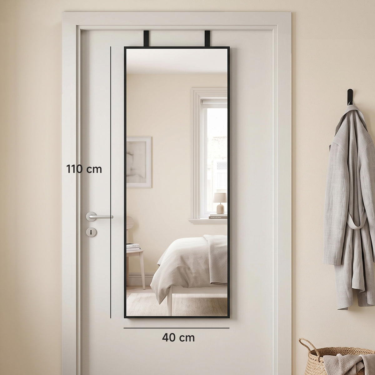 Full-length black mirror with over-door hanging design and size markings