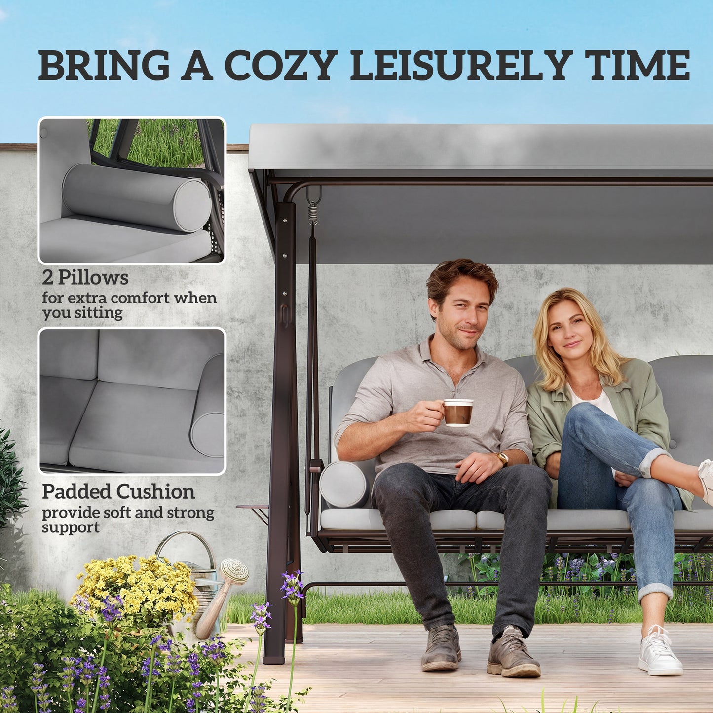 Outsunny Three Seater Canopy Swing Chair Garden With Adjustable Canopy Cushions Cup Trays Steel Frame Light Grey