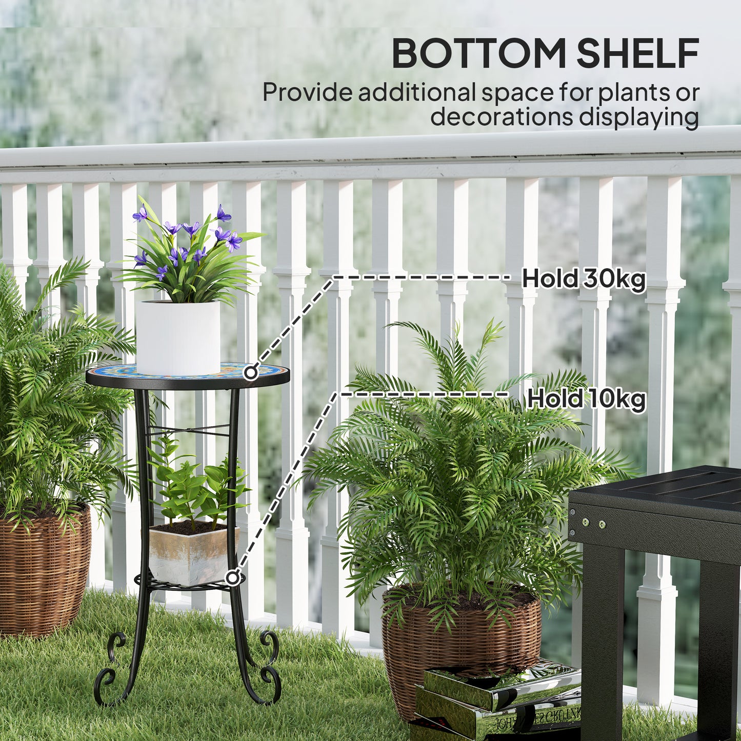 Outsunny Mosaic Round Garden Table With Shelf Ceramic Tile Top Outdoor Patio Balcony End Table Blue