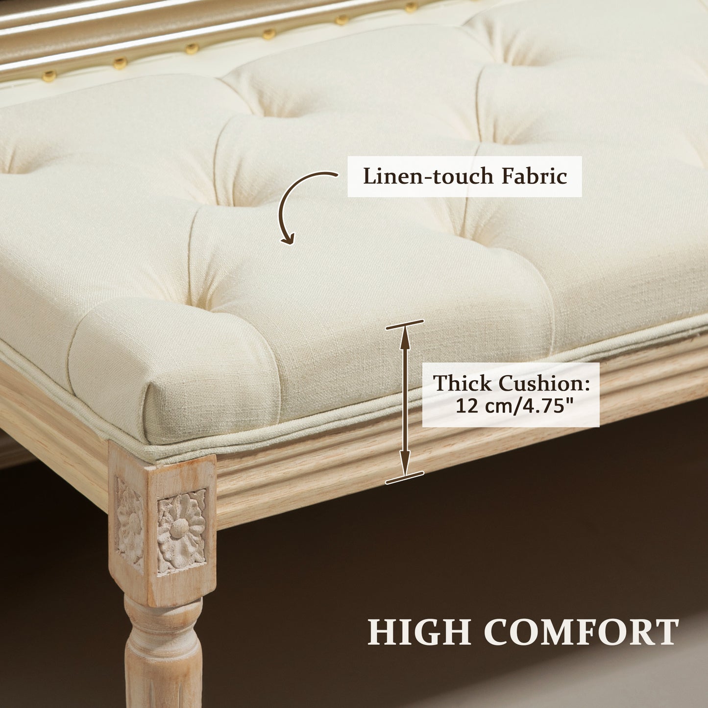 HOMCOM Vintage Wooden Bed End Bench Cream White With Button Tufted Top And Distressed Wood Frame
