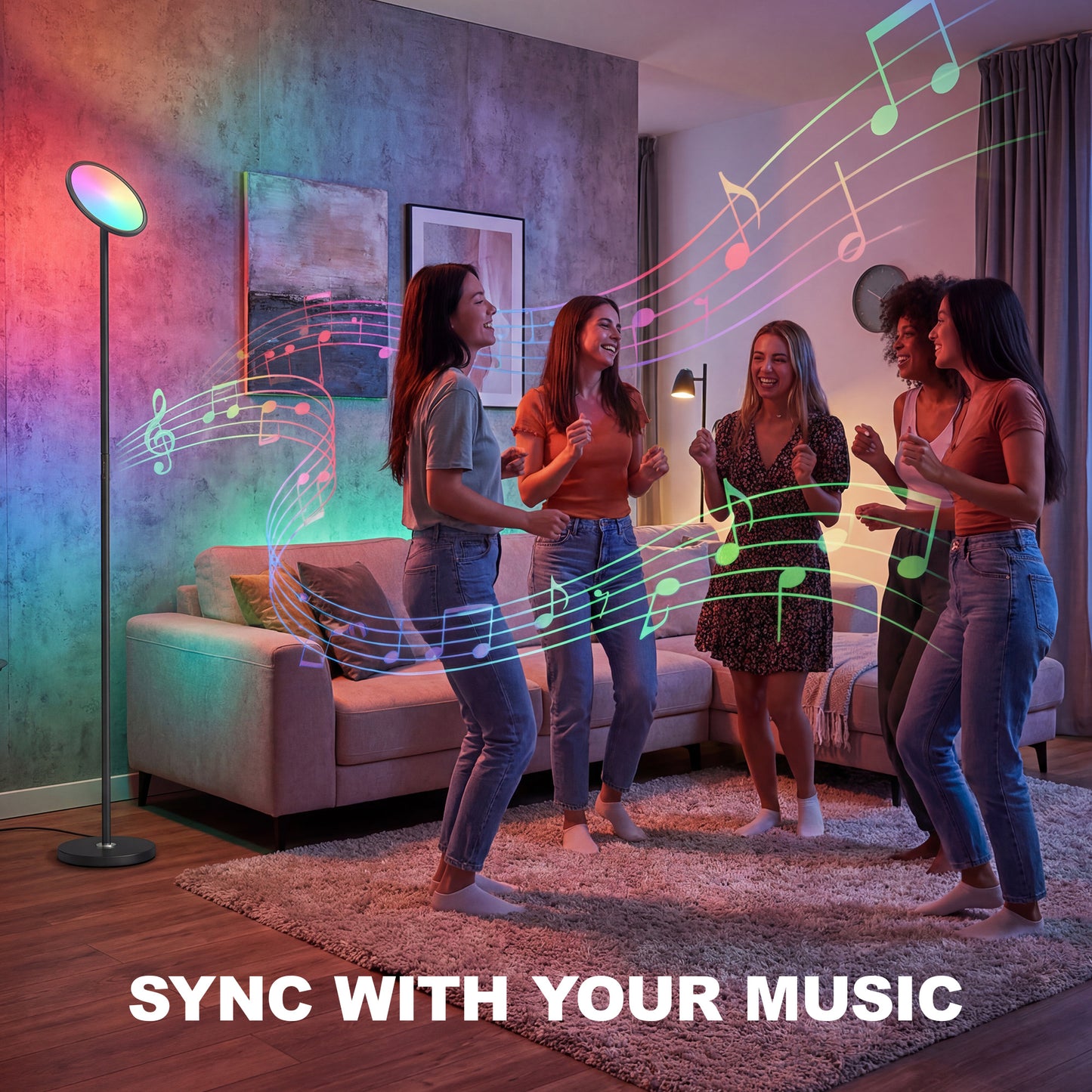 HOMCOM Uplighter Floor Lamp With Tuya App And Music Sync, Adjustable Head For Living Room And Bedroom, Black
