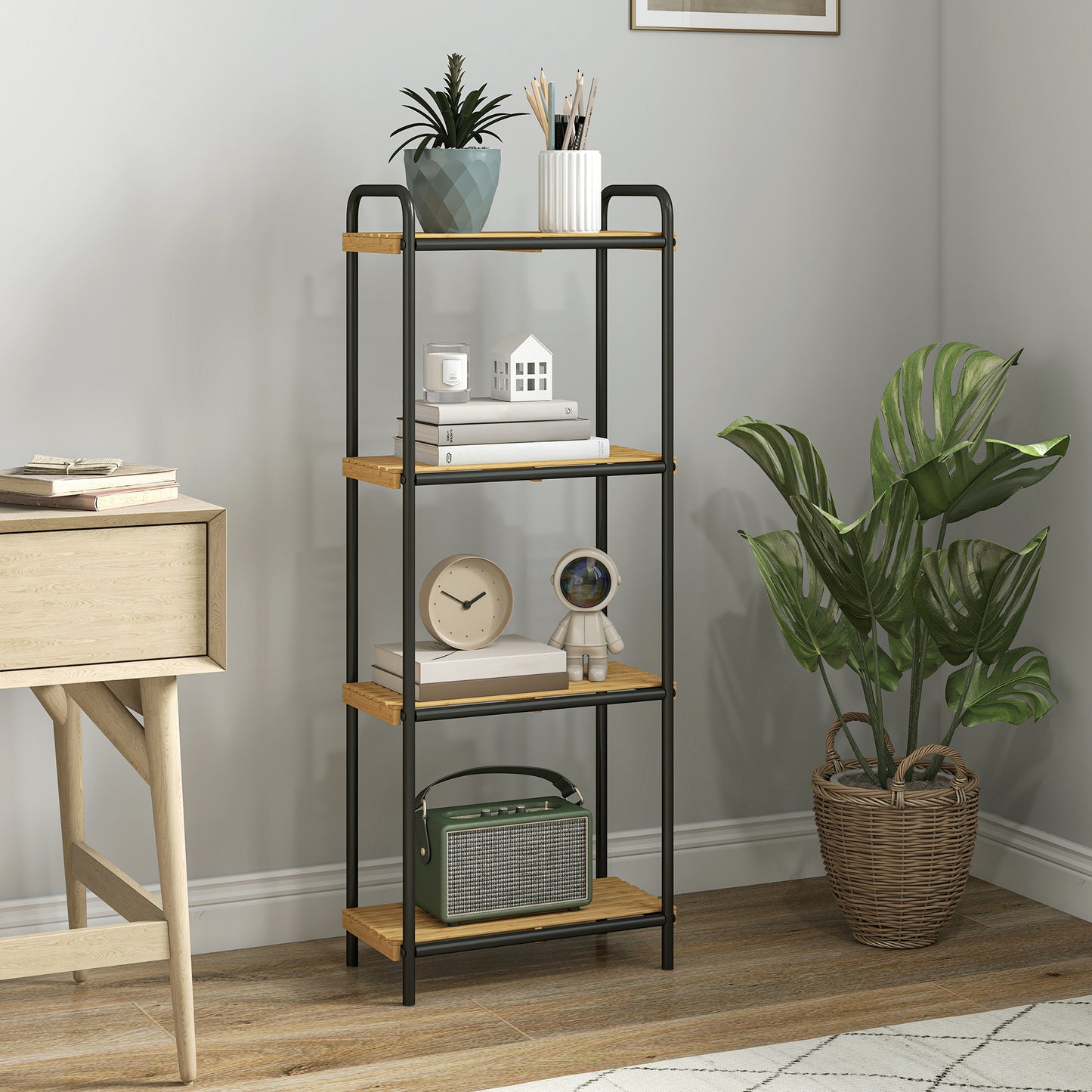 HOMCOM 4 Tier Bamboo Bathroom Storage Shelf Freestanding Narrow Shelving Unit With Slatted Shelves For Kitchen