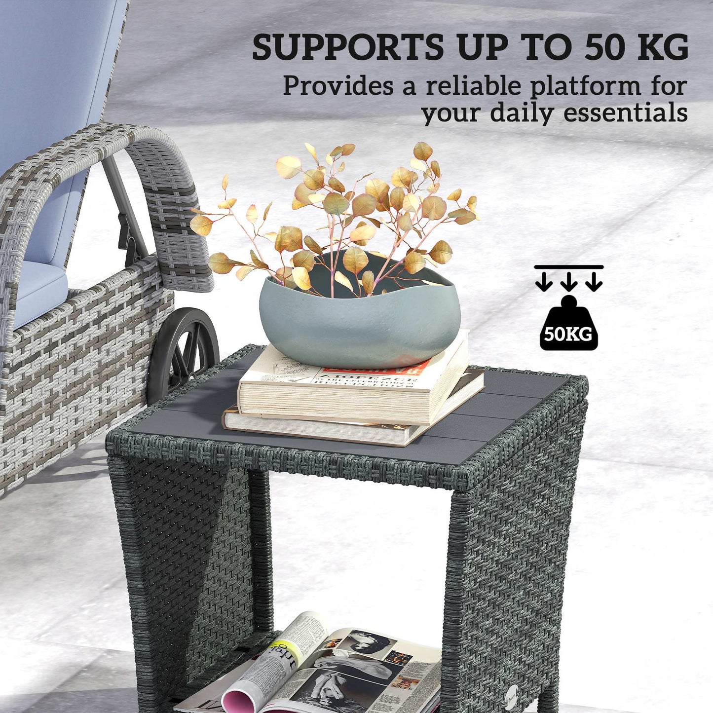 Outsunny 2 Tier Outdoor Side Table With Storage Shelf PS Wood Slat Top Grey Patio Coffee Table