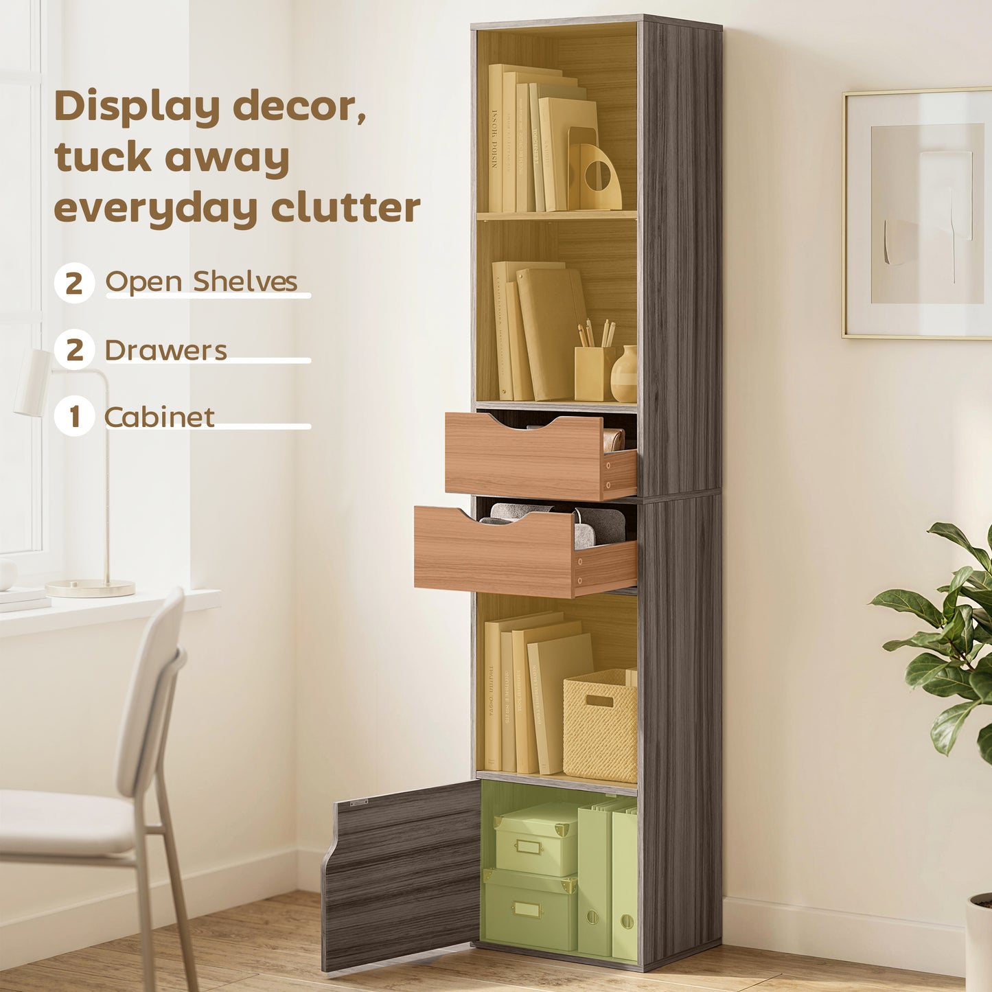 HOMCOM 158 Cm Grey Bookcase With Two Drawers And Cabinet Adjustable Shelves Open Storage For Living Room Or Office