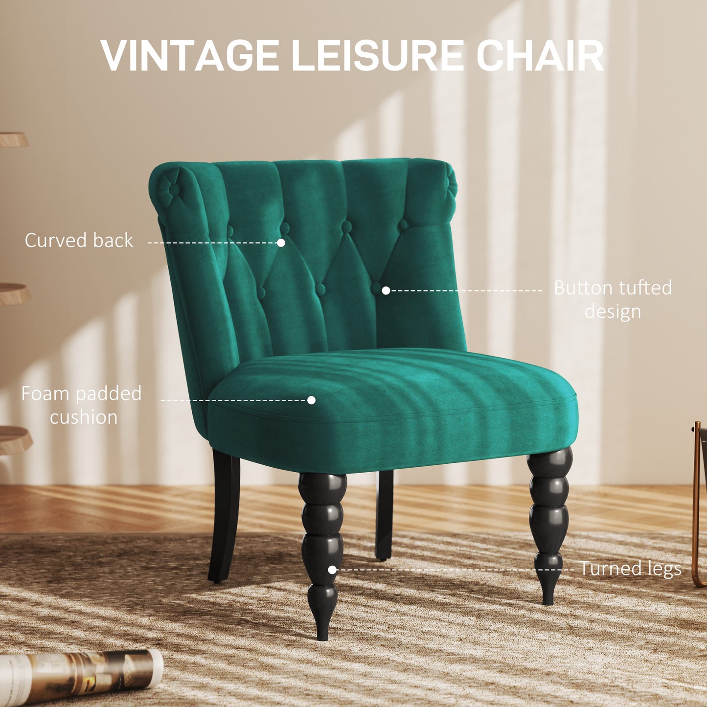 HOMCOM Velvet Accent Chairs Set Of 2 Button Tufted Wingback With Rubber Wood Legs Dark Green For Living Room And Bedroom