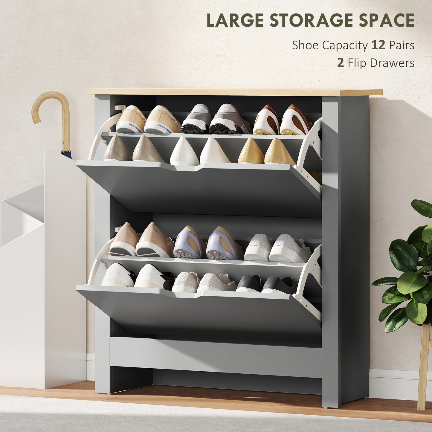 HOMCOM Slim Shoe Cabinet Narrow Shoe Cupboard With 2 Flip Drawers Adjustable Shelves For 12 Pairs Of Shoes Light Grey