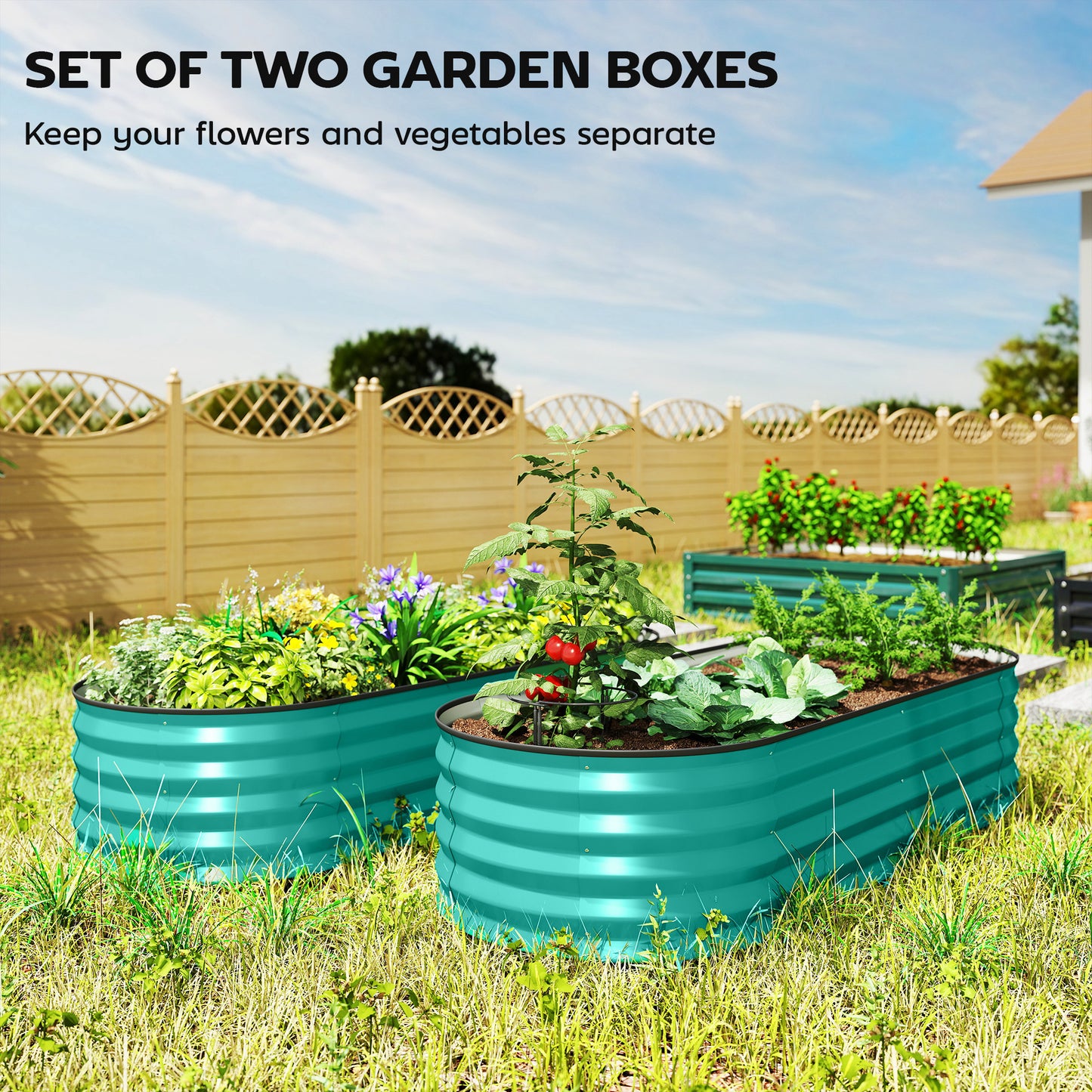 Outsunny Set of Two 150 x 60cm Galvanised Steel Planters in Green for Outdoor Gardens