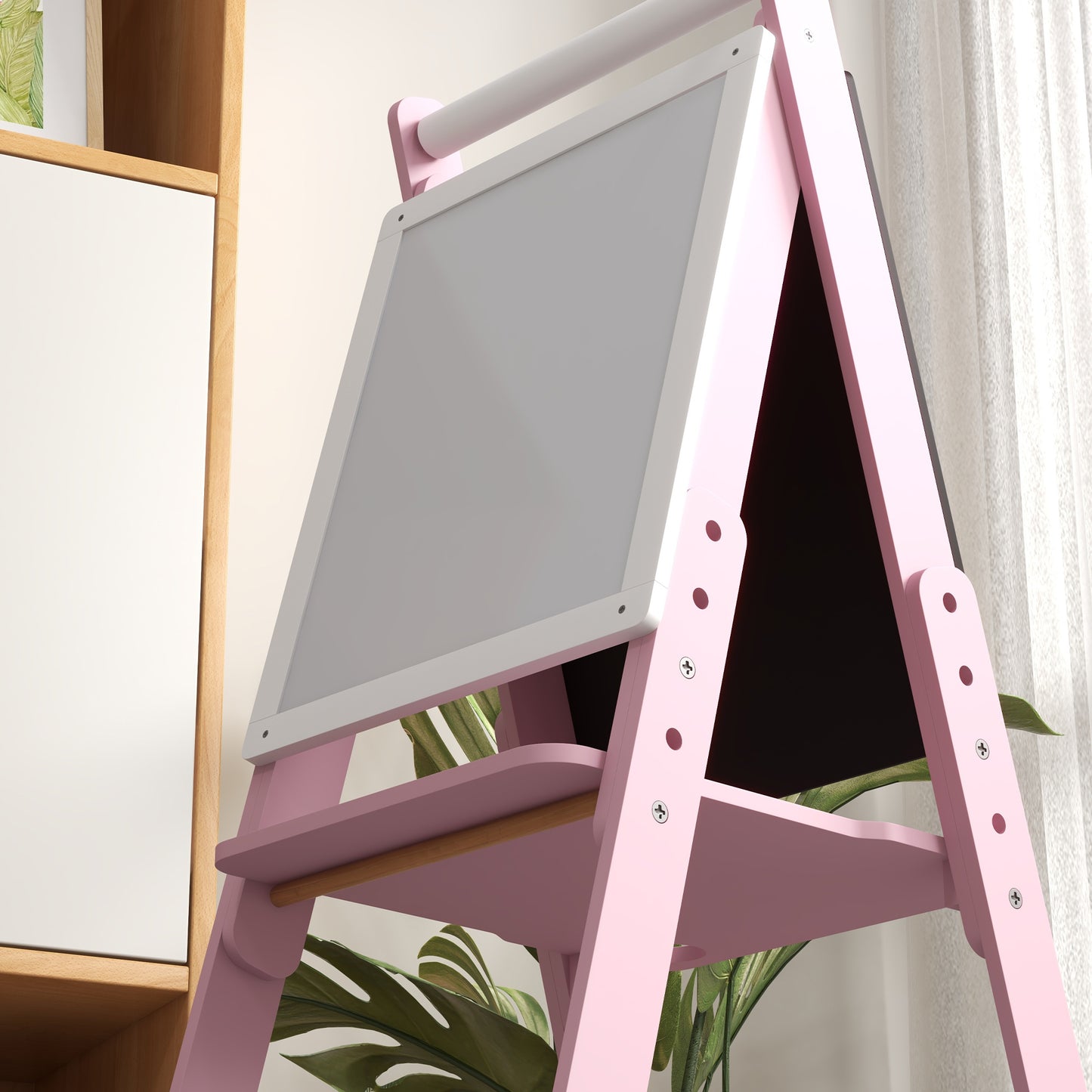 AIYAPLAY Three In One Kids Easel With Paper Roll Blackboard Whiteboard Adjustable Height Pink