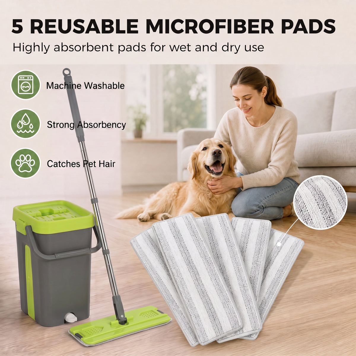 Bucket and flat mop with five reusable microfiber pads for wet and dry use