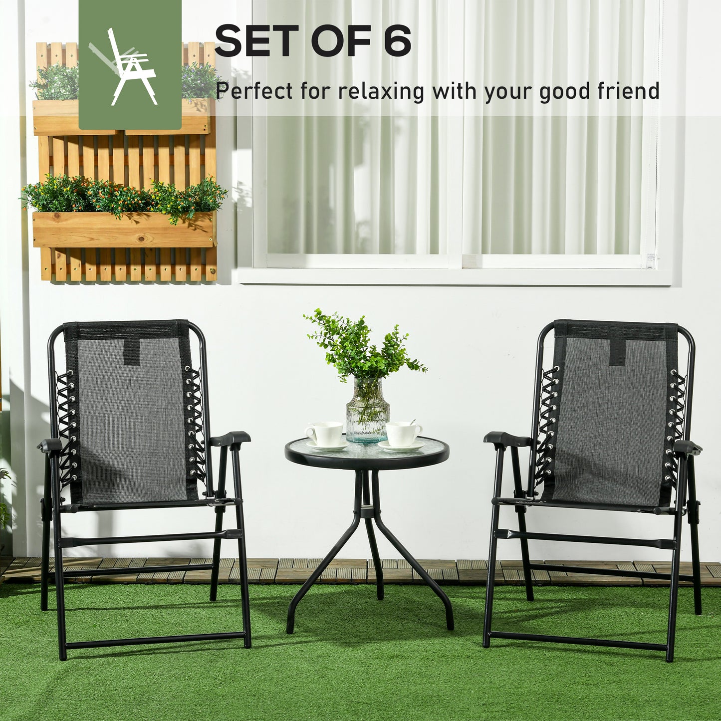 Outsunny Portable 6-Piece Folding Chair Set for Outdoor Relaxation - Ideal for Camping, Pool, Beach, and Lawn Activities, Black Steel Frame with Armrests - ALL4U RETAILER LTD